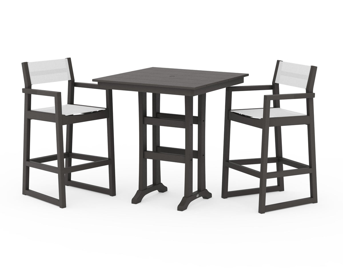 POLYWOOD EDGE Sling Arm Chair 3-Piece Farmhouse Bar Set with Trestle Legs in Vintage Coffee / White