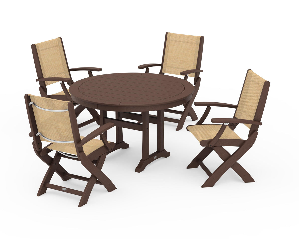 POLYWOOD Coastal Folding Chair 5-Piece Round Dining Set with Trestle Legs in Mahogany / Dupioni Apricot