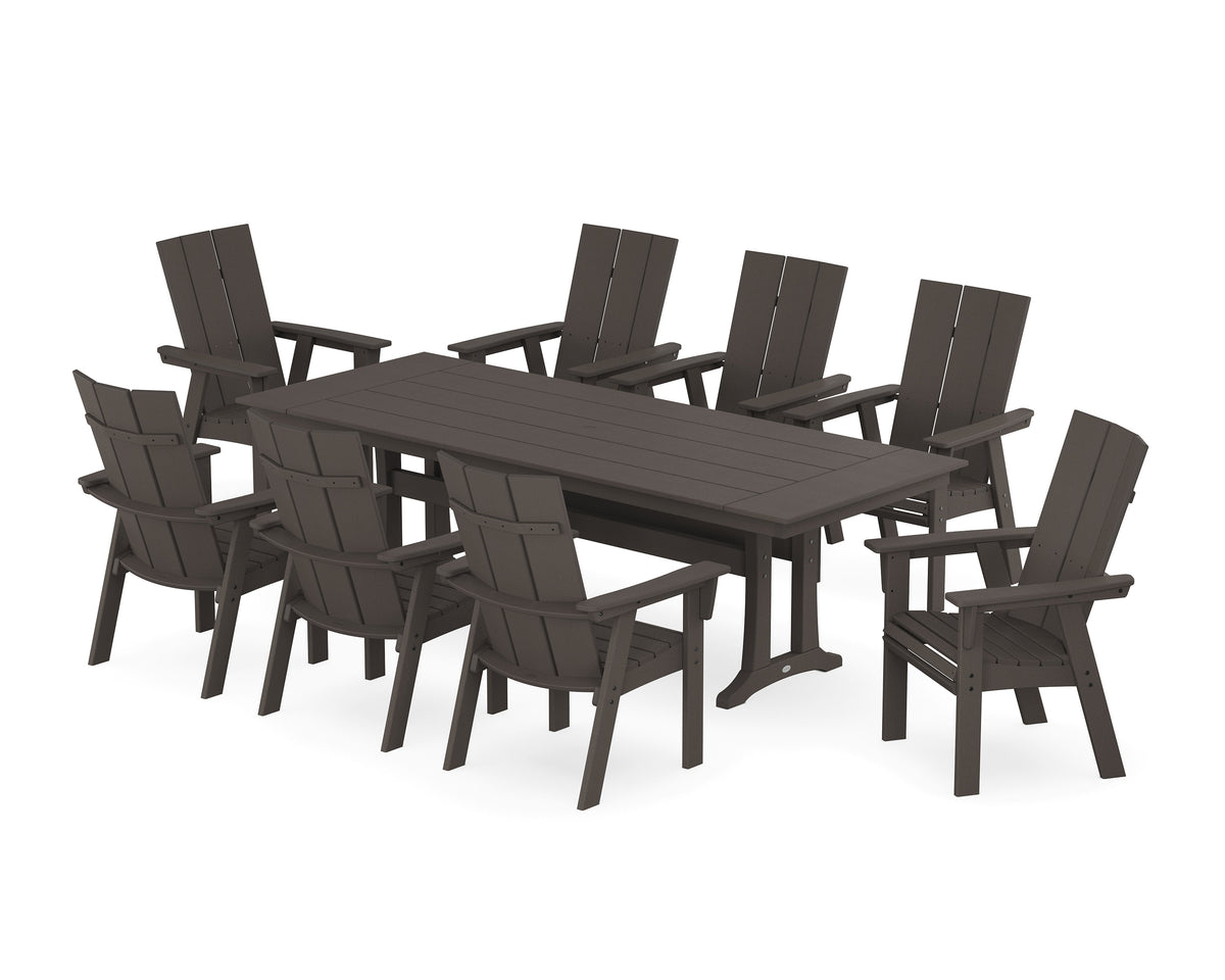POLYWOOD Modern Curveback Adirondack 9-Piece Farmhouse Dining Set with Trestle Legs in Vintage Coffee