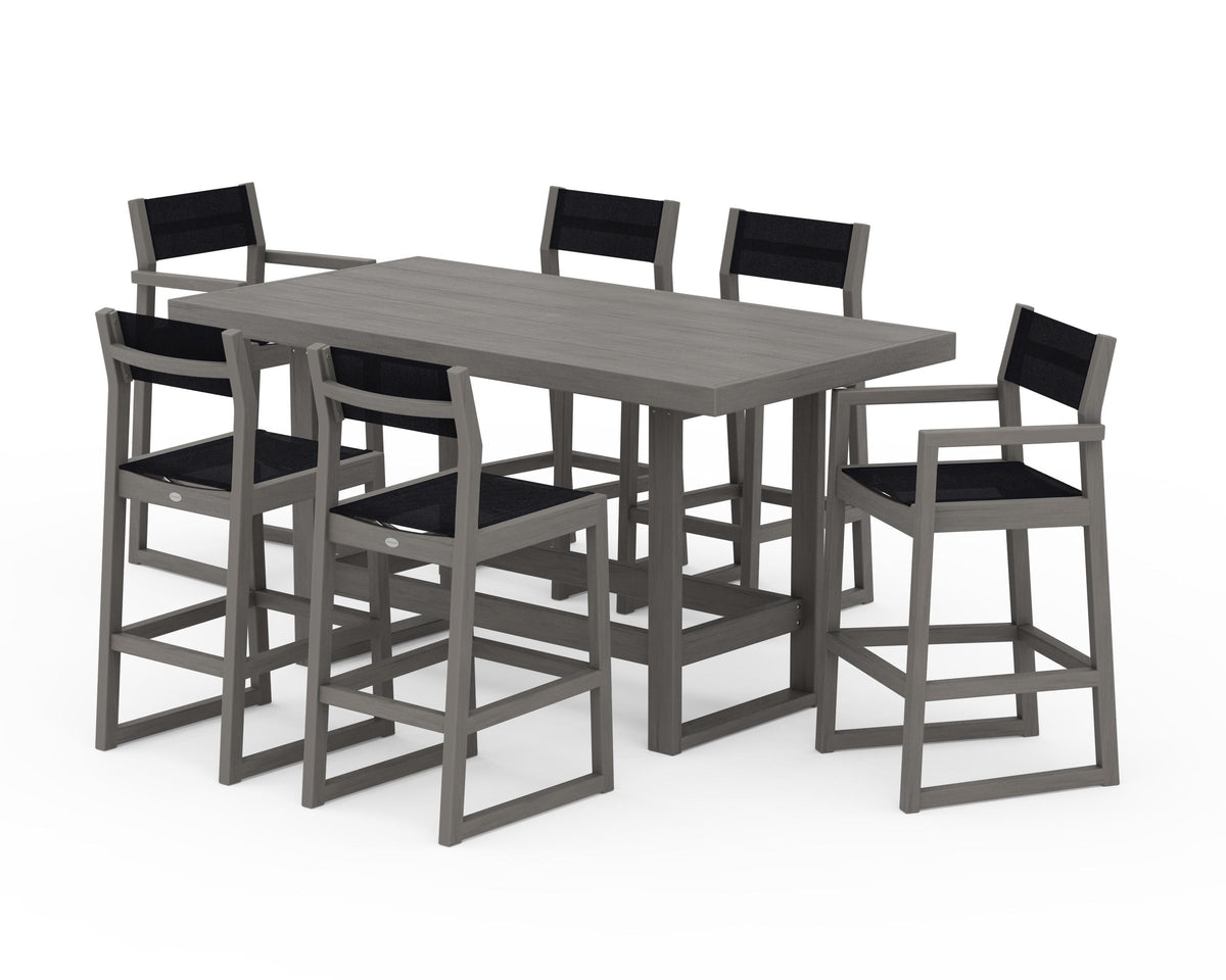 POLYWOOD EDGE Sling 7-Piece Bar Table Set in Driftwood / Black