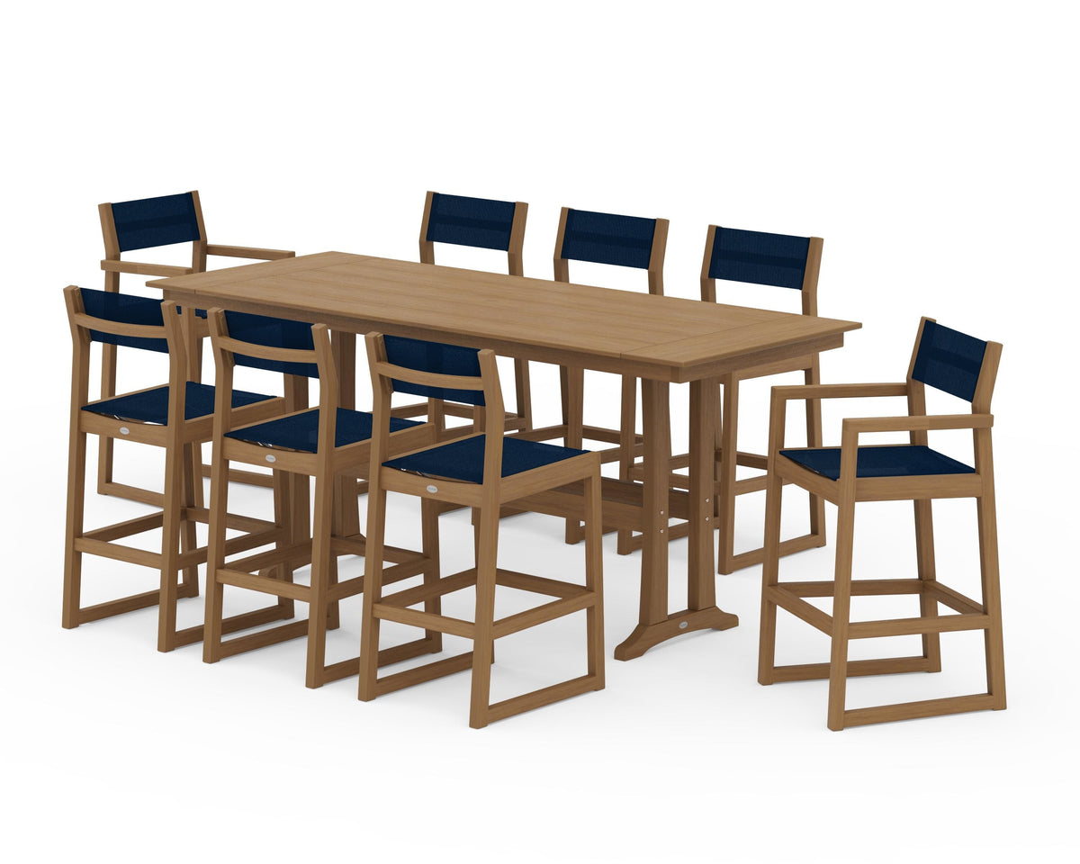 POLYWOOD EDGE Sling 9-Piece Farmhouse Bar Set with Trestle Legs in Natural / Navy Blue