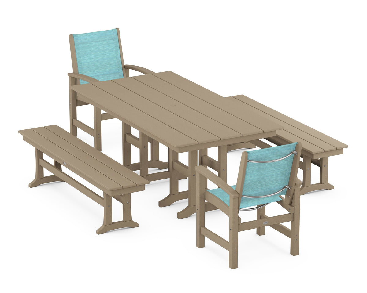 POLYWOOD Coastal 5-Piece Farmhouse Dining Set with Farmhouse 37" x 72" Dining Table in Vintage Sahara / Dupioni Aquamarine