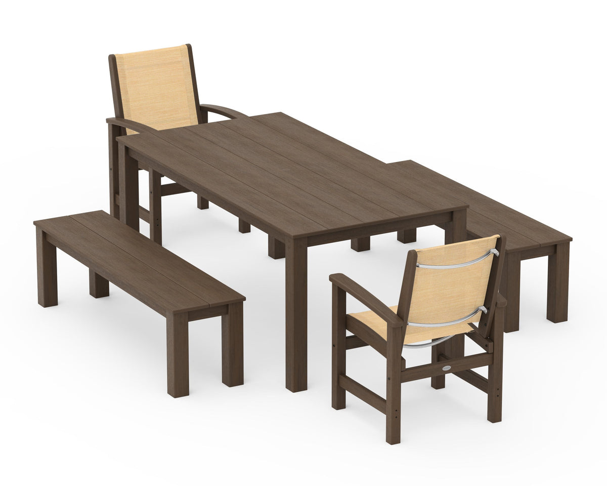 POLYWOOD Coastal 5-Piece Parsons Dining Set with Benches in Kona / Dupioni Apricot