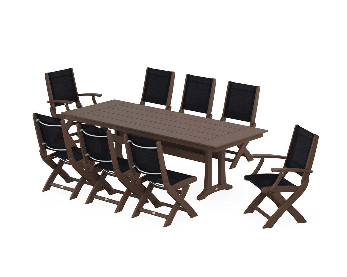 POLYWOOD Coastal 9-Piece Folding Dining Chair Farmhouse Dining Set with Trestle Legs in Mahogany / Black