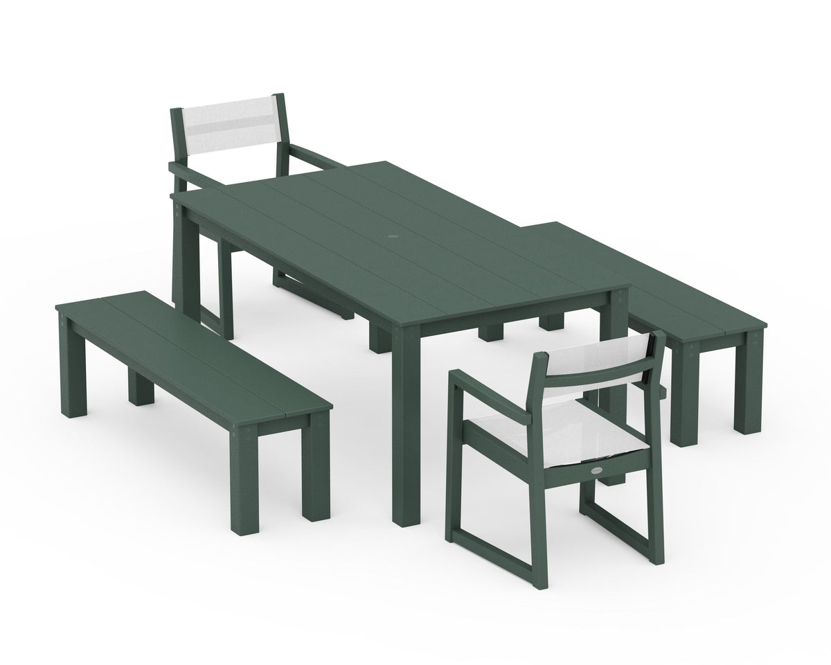 POLYWOOD EDGE Sling Arm Chair 5-Piece Parsons Dining Set with Benches in Green / White