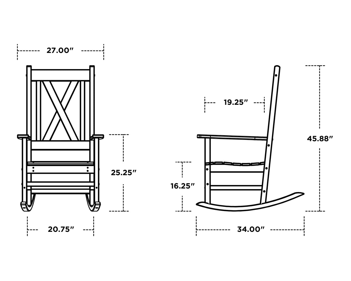 POLYWOOD Braxton Porch Rocking Chair dimension drawing with width, depth and height measurements