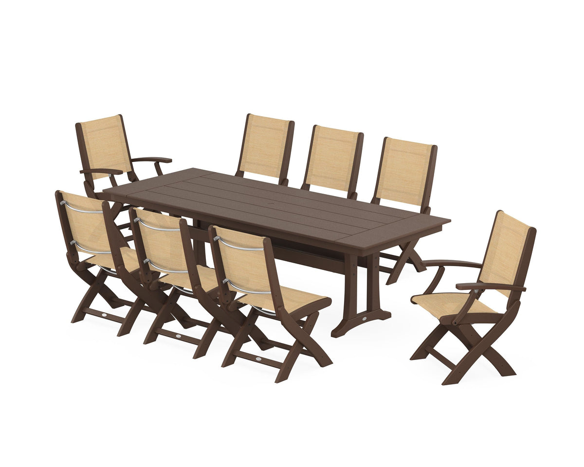 POLYWOOD Coastal 9-Piece Folding Dining Chair Farmhouse Dining Set with Trestle Legs in Mahogany / Dupioni Apricot