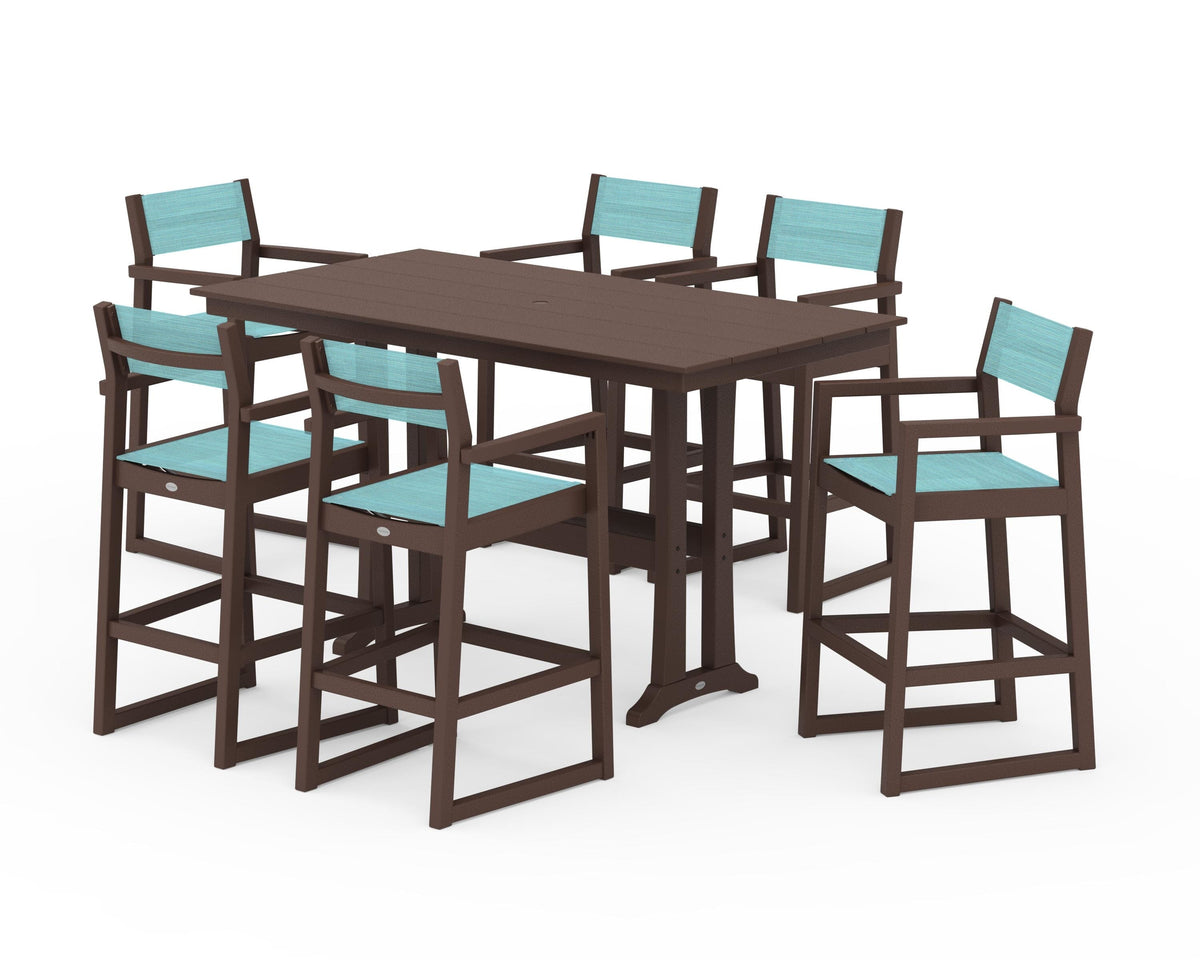 POLYWOOD EDGE Sling Arm Chair 7-Piece Farmhouse Bar Set with Trestle Legs in Mahogany / Dupioni Aquamarine
