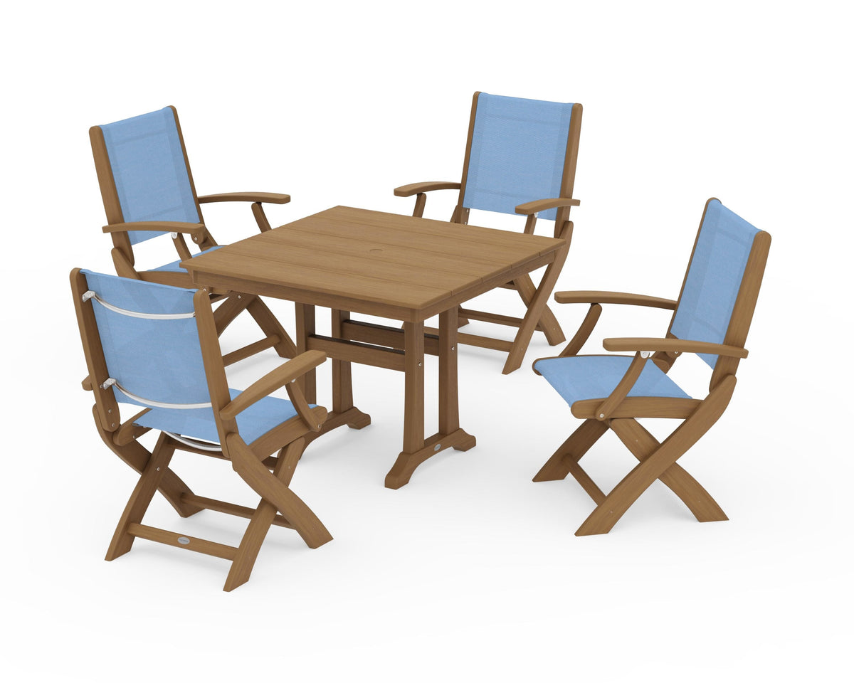 POLYWOOD Coastal Folding Chair 5-Piece Farmhouse Dining Set With Trestle Legs in Natural / Poolside