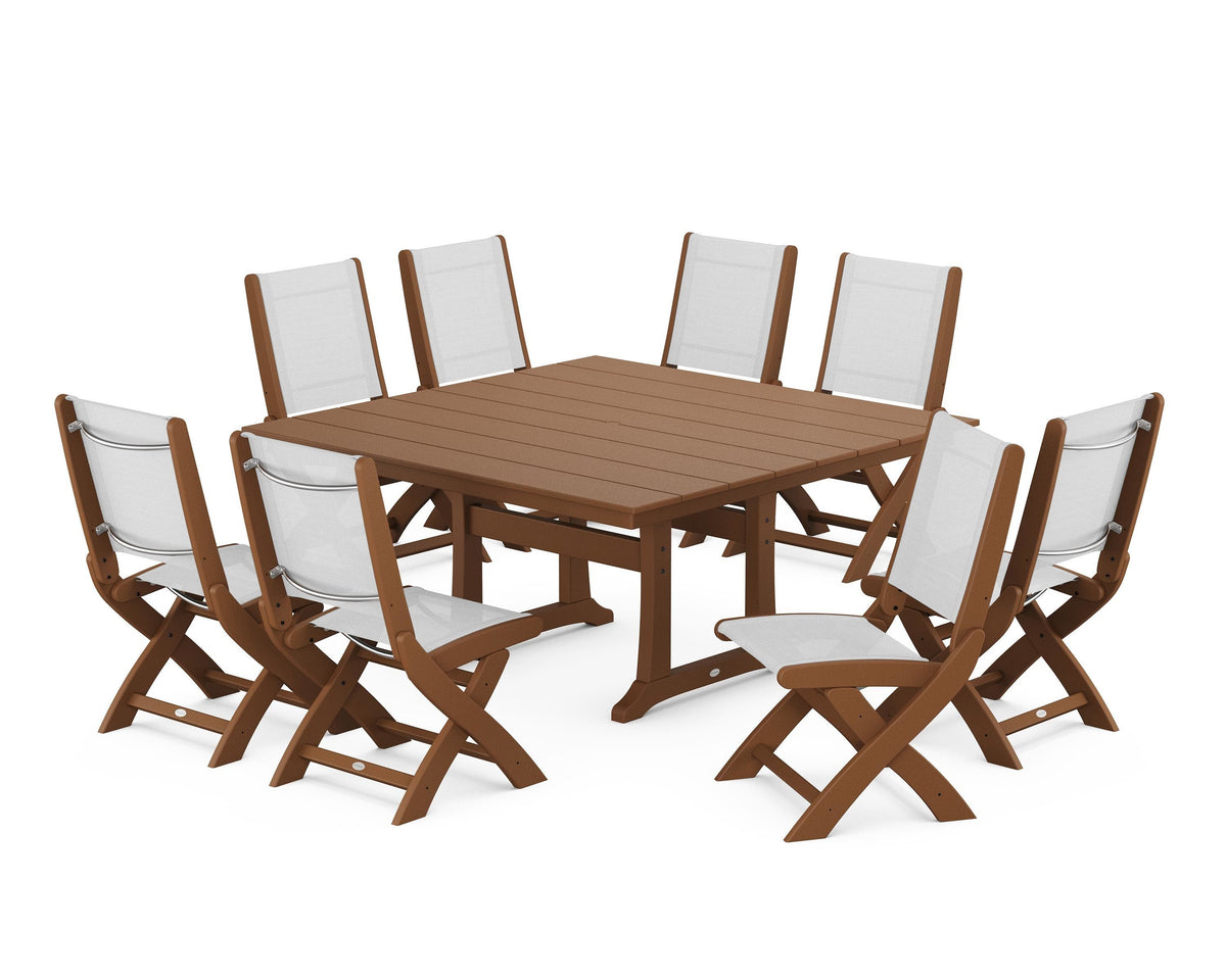 POLYWOOD Coastal Folding Side Chair 9-Piece Farmhouse Dining Set in Teak / White