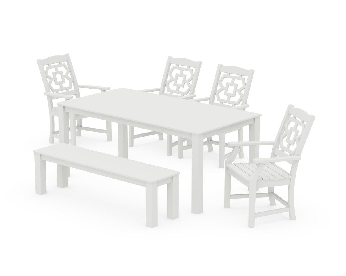 POLYWOOD Chinoiserie 6-Piece Parsons Dining Set with Bench in Vintage White