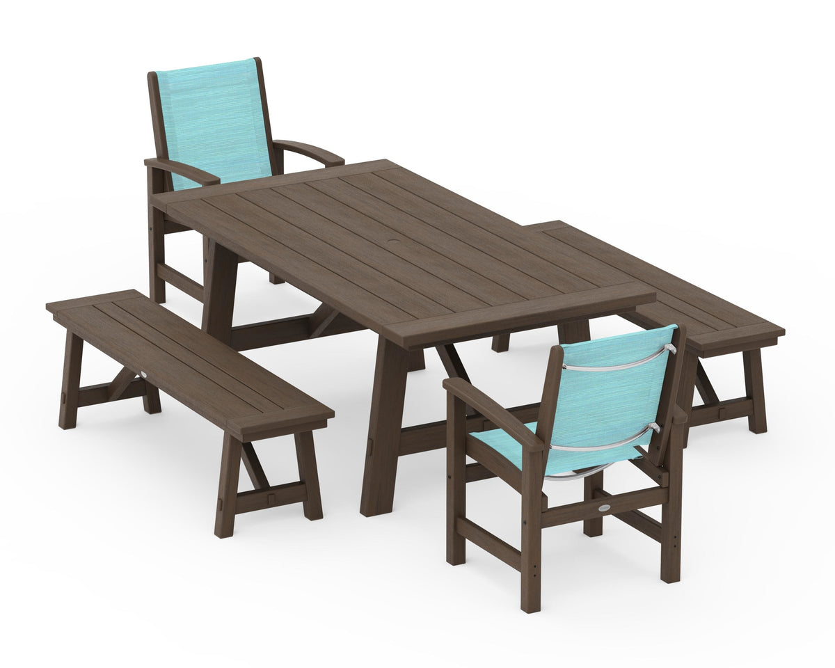 POLYWOOD Coastal 5-Piece Rustic Farmhouse Dining Set With Benches in Kona / Dupioni Aquamarine
