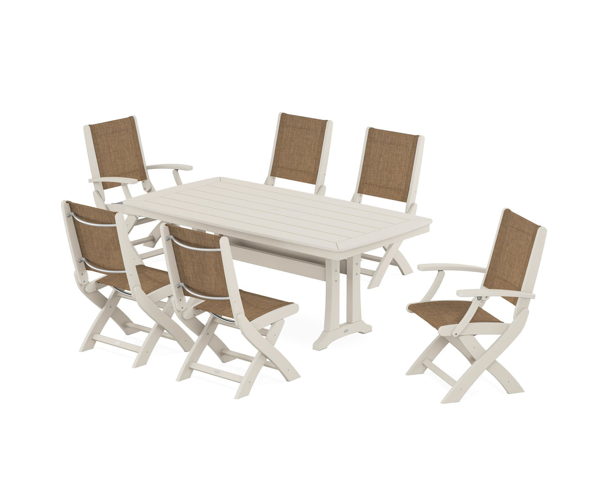 POLYWOOD Coastal Folding Chair 7-Piece Dining Set with Trestle Legs with Nautical Trestle 38" x 73" Dining Table in Sand / Burlap