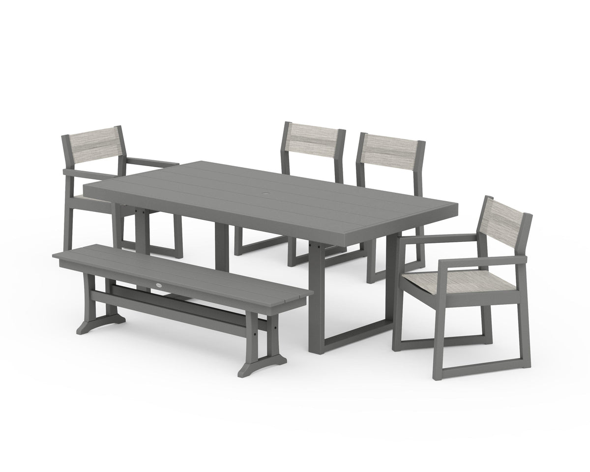 POLYWOOD EDGE Sling 6-Piece Dining Set with Bench in Slate Grey / Birch