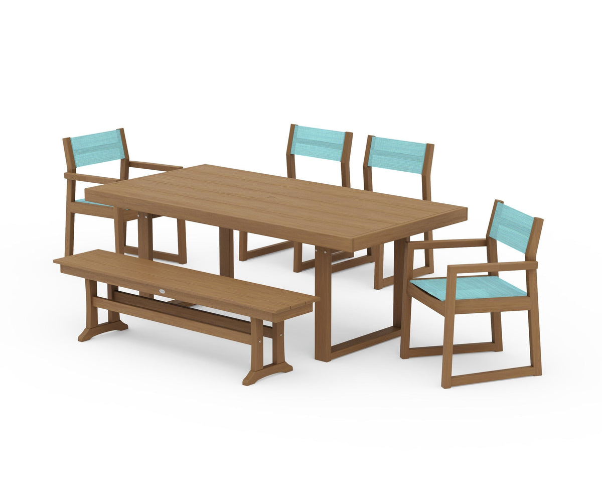 POLYWOOD EDGE Sling 6-Piece Dining Set with Bench in Natural / Dupioni Aquamarine