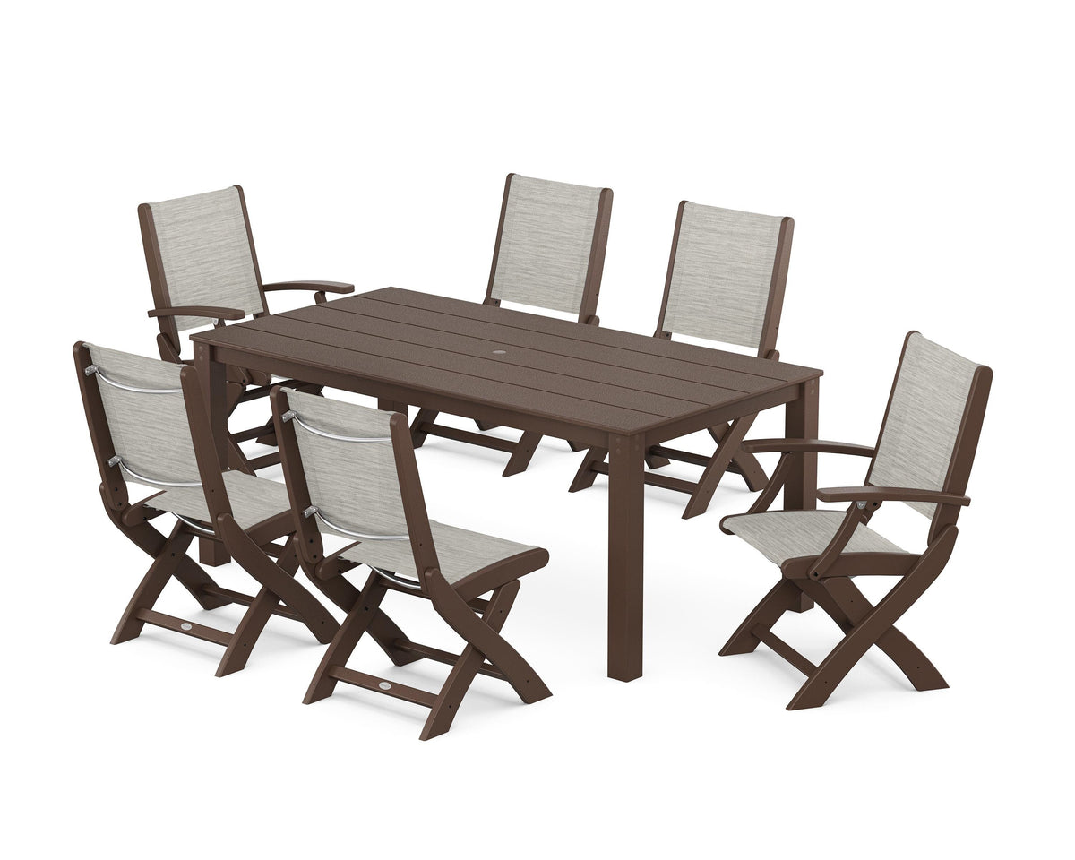 POLYWOOD Coastal Folding Chair 7-Piece Parsons Dining Set with Coastal Folding Side Chair in Mahogany / Birch