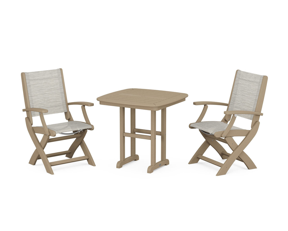 POLYWOOD Coastal Folding Chair 3-Piece Dining Set in Vintage Sahara / Birch