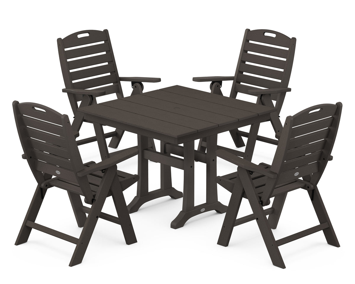 POLYWOOD Nautical Folding Highback Chair 5-Piece Farmhouse Trestle Dining Set in Vintage Coffee