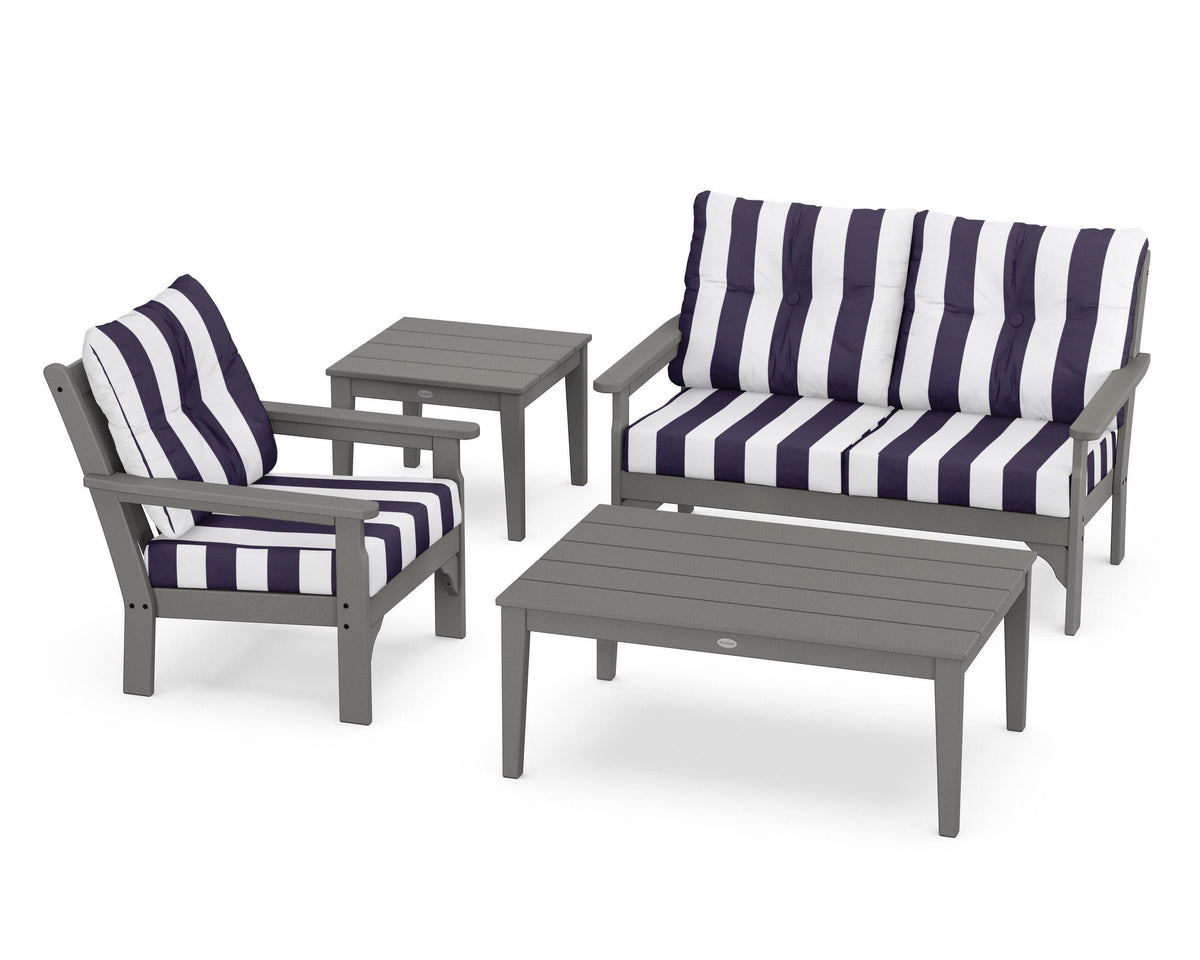 POLYWOOD Vineyard 4-Piece Deep Seating Set in Slate Grey / Cabana Stripe Navy
