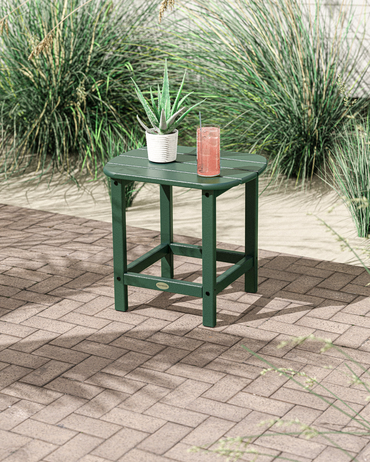 POLYWOOD South Beach 18" Side Table in Green styled outdoors
