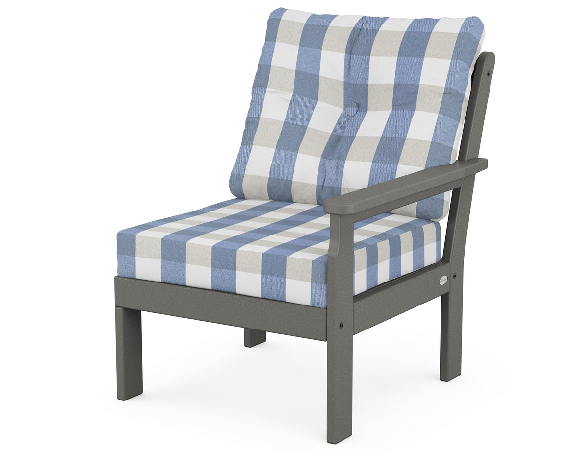 POLYWOOD Vineyard Modular Right Arm Chair in Slate Grey / Buffalo Plaid Sky Blue