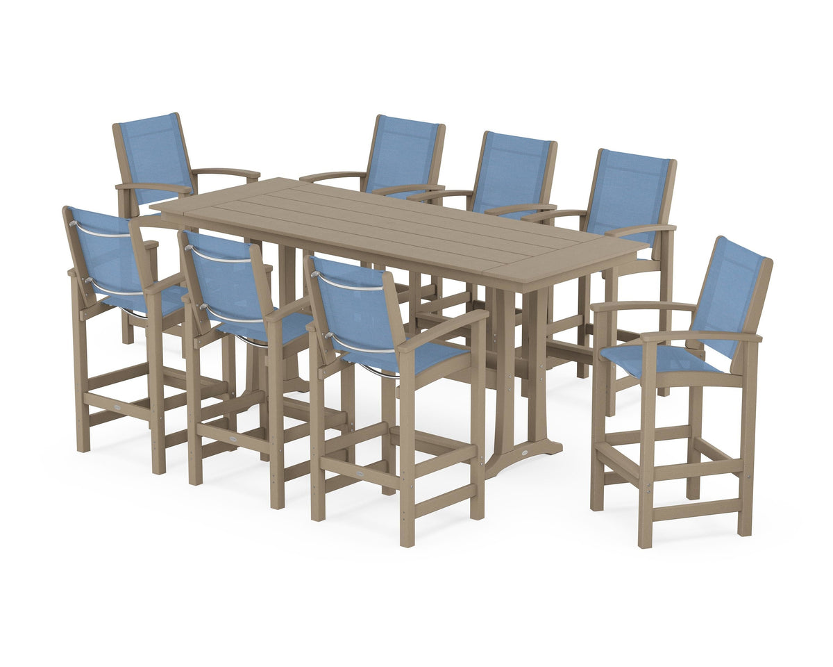 POLYWOOD Coastal 9-Piece Farmhouse Bar Set with Trestle Legs in Vintage Sahara / Poolside