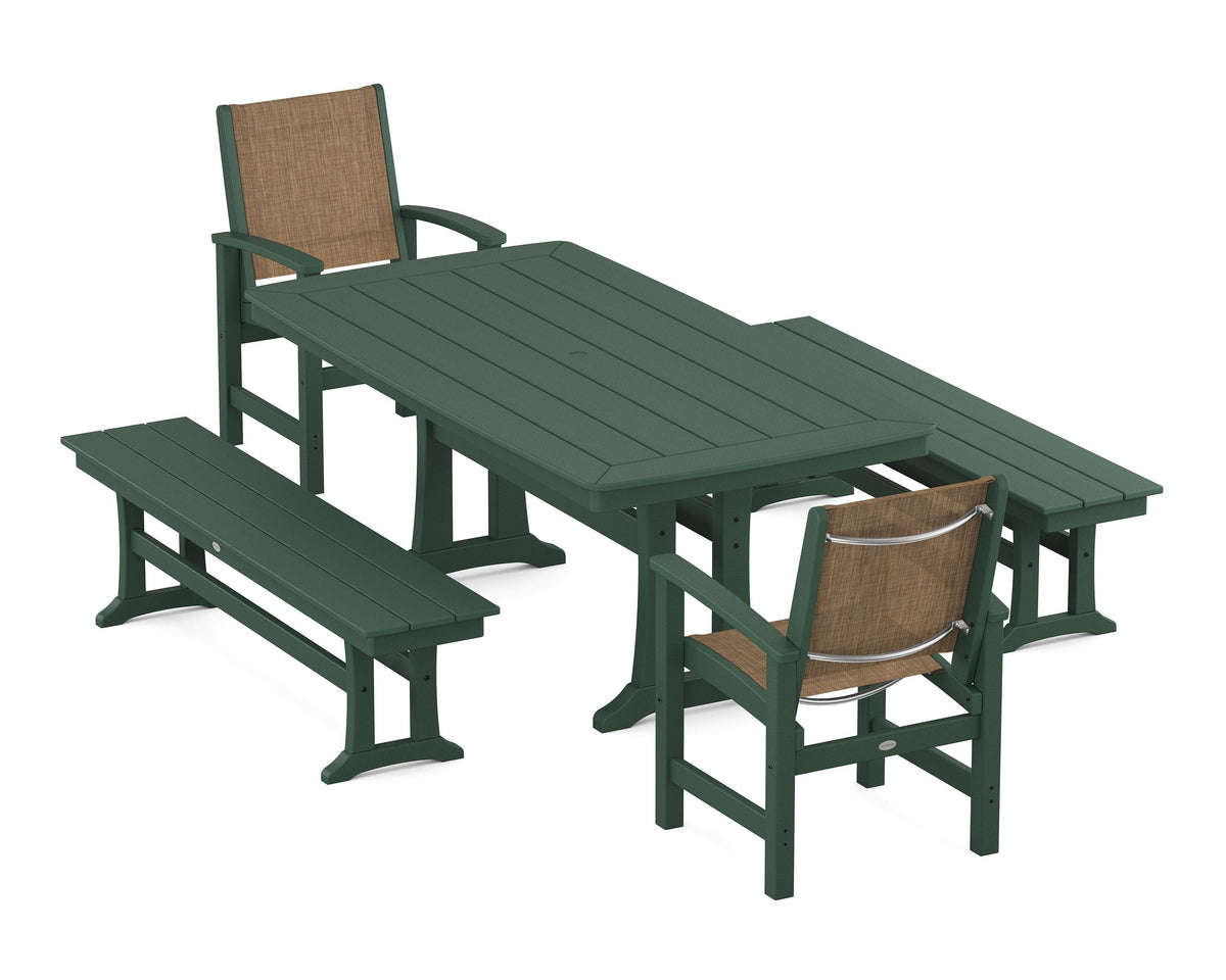 POLYWOOD Coastal 5-Piece Dining Set with Trestle Legs and Benches in Green / Burlap