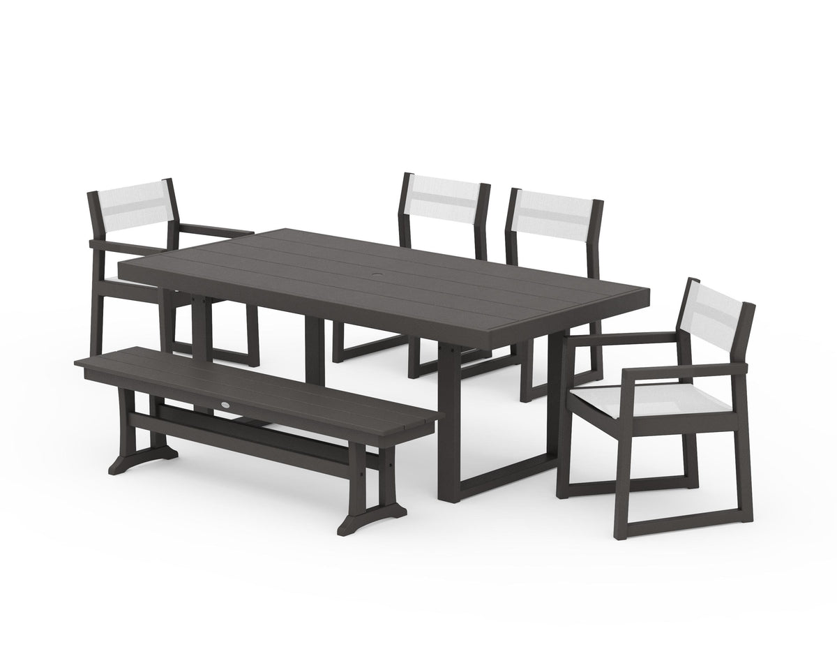 POLYWOOD EDGE Sling 6-Piece Dining Set with Bench in Vintage Coffee / White