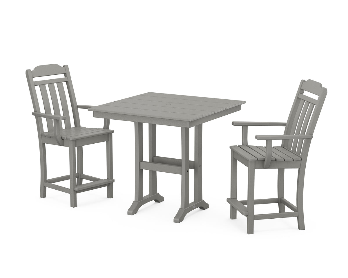 POLYWOOD Country Living Cottage 3-Piece Farmhouse Counter Set with Trestle Legs in Slate Grey