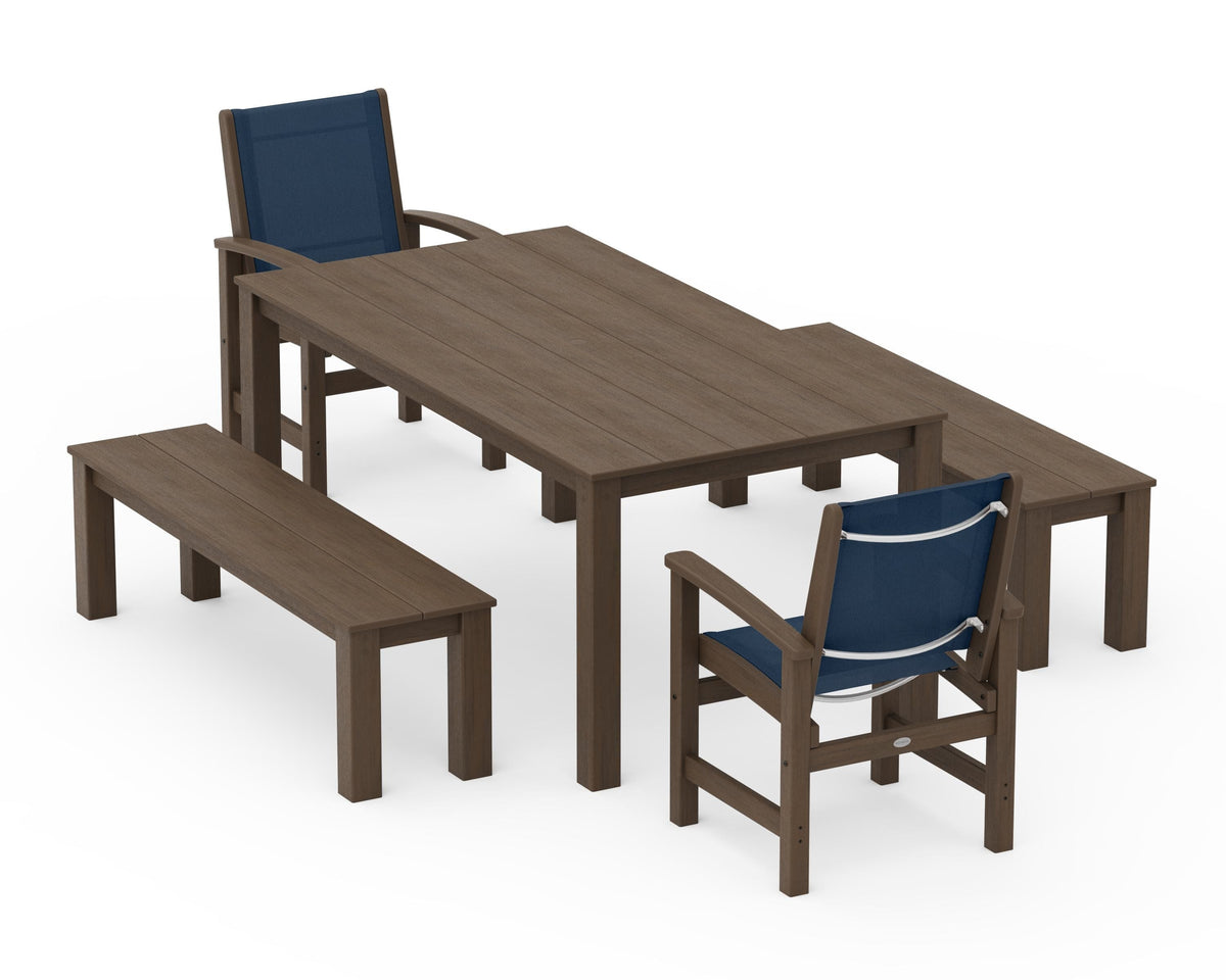 POLYWOOD Coastal 5-Piece Parsons Dining Set with Benches in Kona / Navy Blue