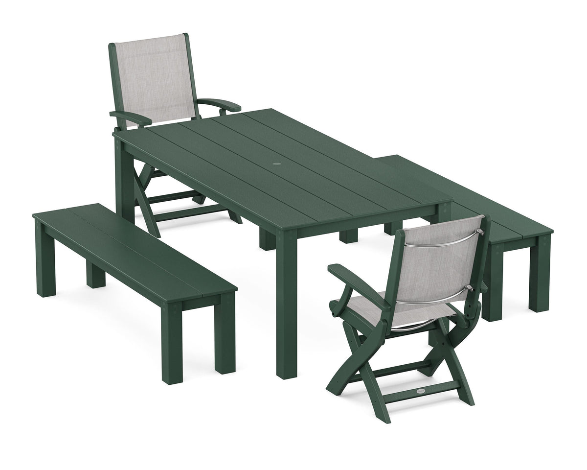 POLYWOOD Coastal Folding Chair 5-Piece Parsons Dining Set with Benches in Green / Parchment