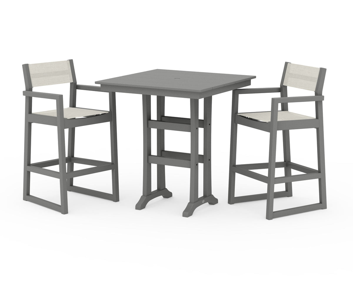 POLYWOOD EDGE Sling Arm Chair 3-Piece Farmhouse Bar Set with Trestle Legs in Slate Grey / Parchment