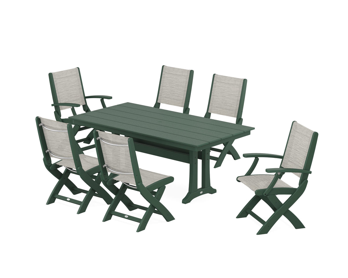 POLYWOOD Coastal Folding Chair 7-Piece Farmhouse Dining Set with Trestle Legs in Green / Birch