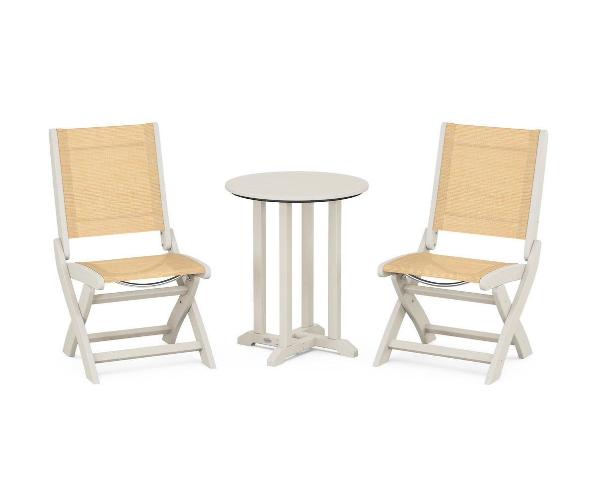 POLYWOOD Coastal Folding Side Chair 3-Piece Round Bistro Dining Set in Sand / Dupioni Apricot