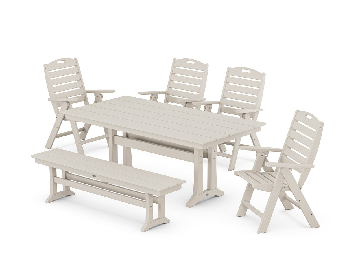 POLYWOOD Nautical Highback 6-Piece Farmhouse Dining Set with Trestle Legs and Bench in Sand