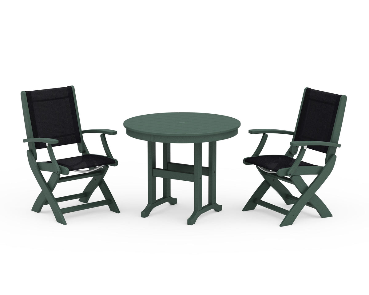 POLYWOOD Coastal Folding Chair 3-Piece Round Dining Set in Green / Black