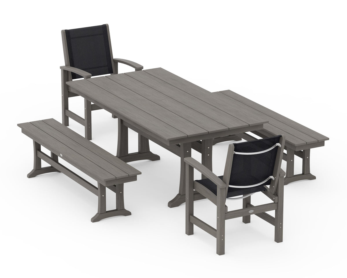 POLYWOOD Coastal 5-Piece Farmhouse Dining Set with Trestle Legs and Benches in Driftwood / Black