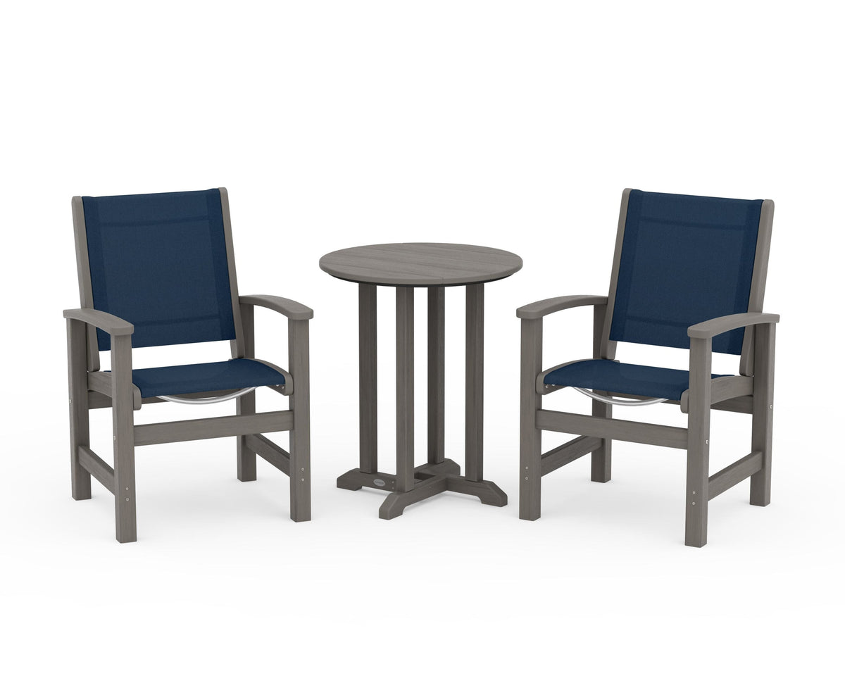 POLYWOOD Coastal 3-Piece Round Bistro Dining Set in Driftwood / Navy Blue