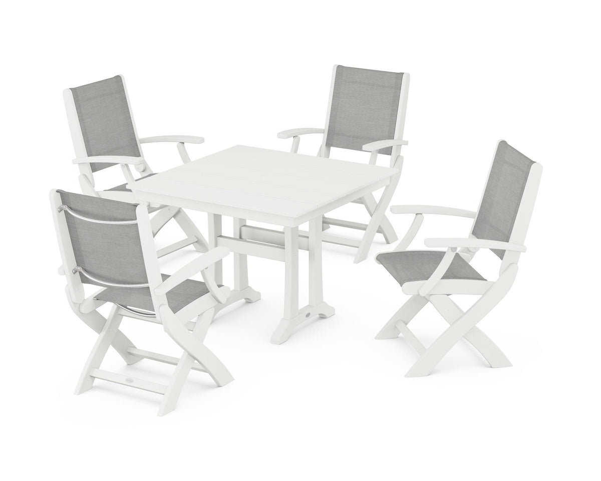 POLYWOOD Coastal Folding Chair 5-Piece Farmhouse Dining Set With Trestle Legs in Vintage White / Metallic