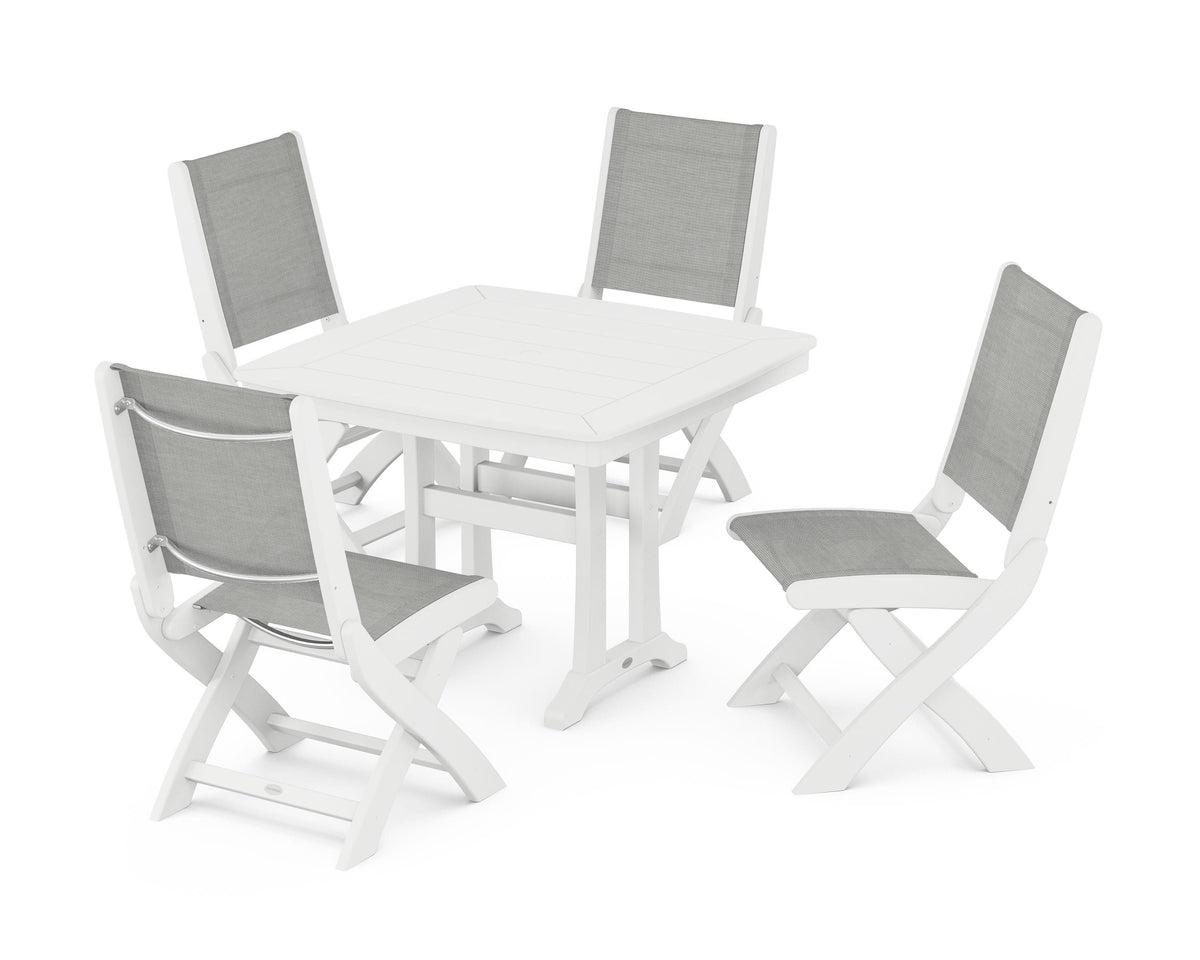 POLYWOOD Coastal Folding Side Chair 5-Piece Dining Set with Trestle Legs in White / Metallic