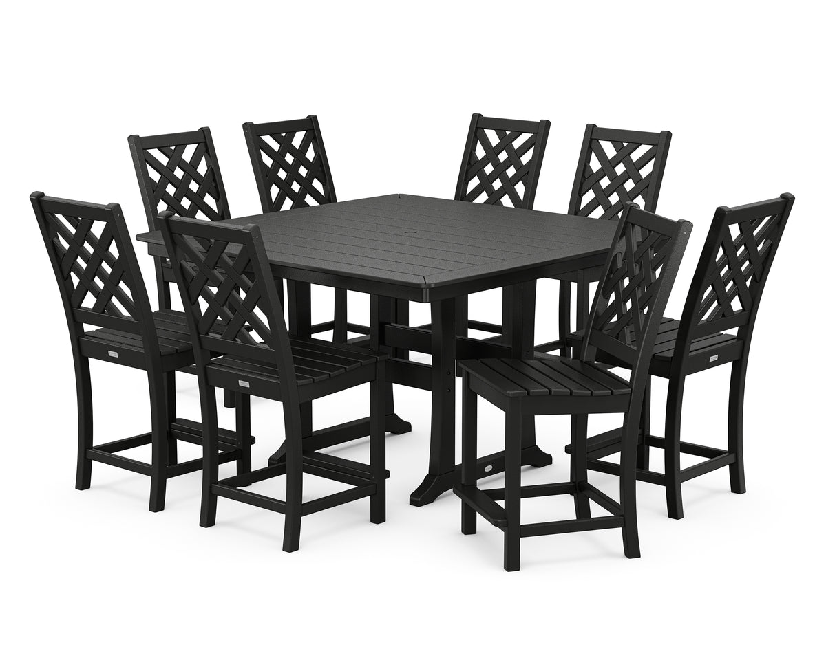 POLYWOOD Country Living Wovendale Side Chair 9-Piece Square Counter Set with Trestle Legs in Black