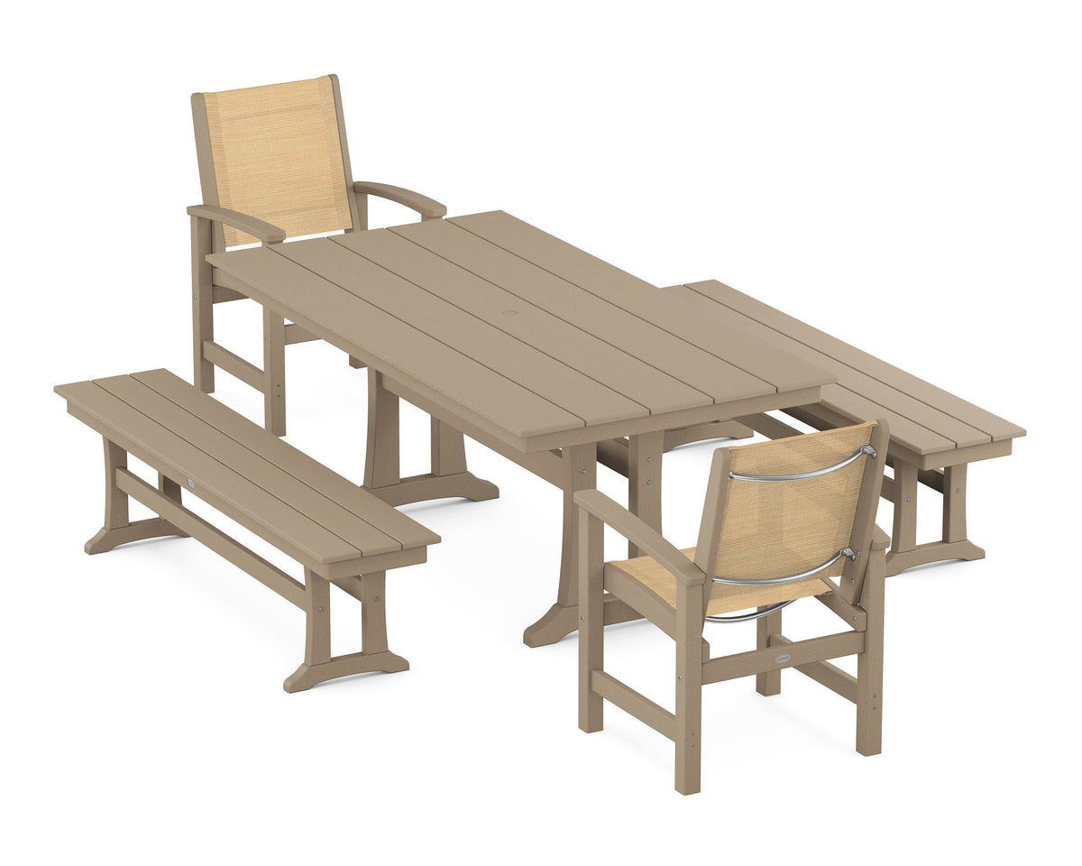 POLYWOOD Coastal 5-Piece Farmhouse Dining Set with Trestle Legs and Benches in Vintage Sahara / Dupioni Apricot