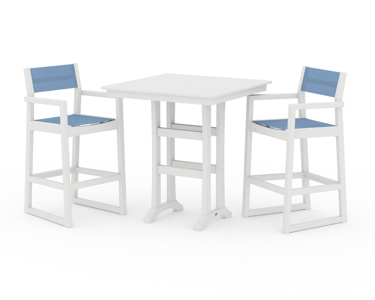 POLYWOOD EDGE Sling Arm Chair 3-Piece Farmhouse Bar Set with Trestle Legs in White / Poolside