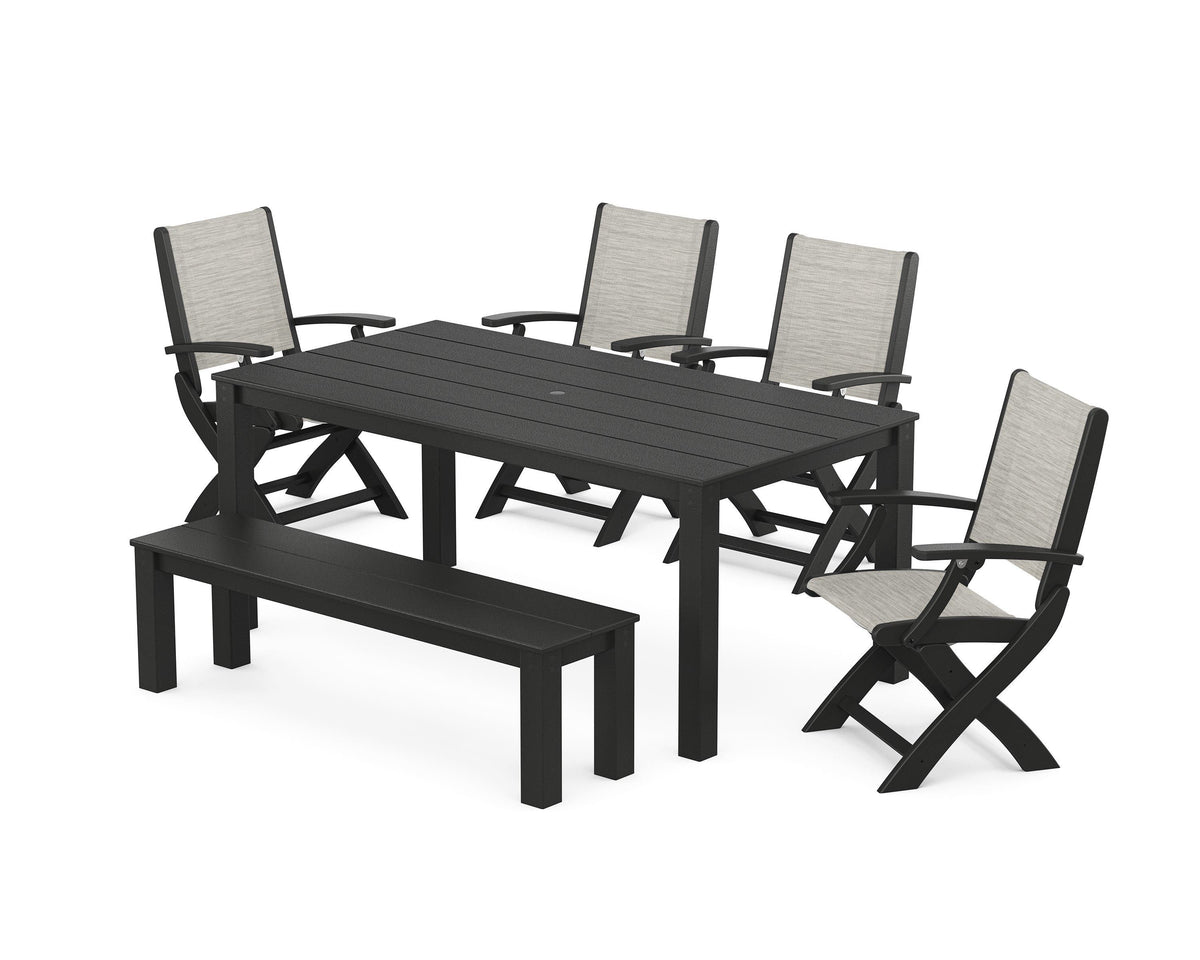 POLYWOOD Coastal Folding Chair 6-Piece Parsons Dining Set with Bench in Black / Birch