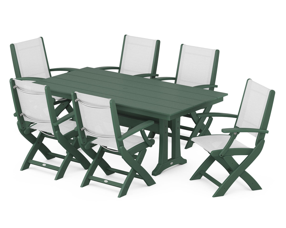 POLYWOOD Coastal Folding Arm Chair 7-Piece Farmhouse Dining Set with Trestle Legs in Green / White