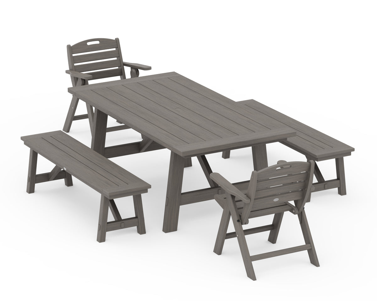 POLYWOOD Nautical Folding Lowback Chair 5-Piece Rustic Farmhouse Dining Set with Benches in Driftwood
