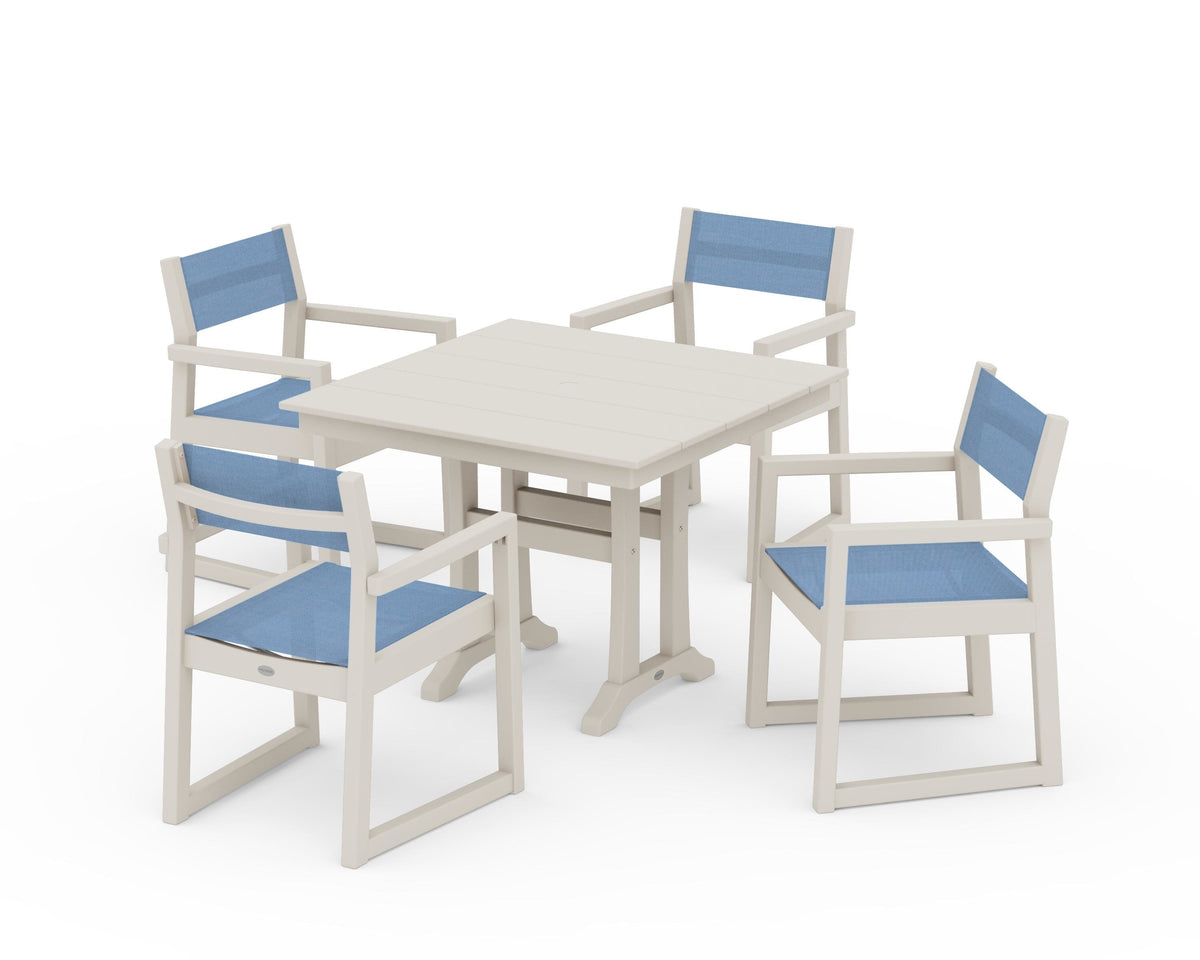 POLYWOOD EDGE Sling 5-Piece Farmhouse Dining Set with Trestle Legs in Sand / Poolside