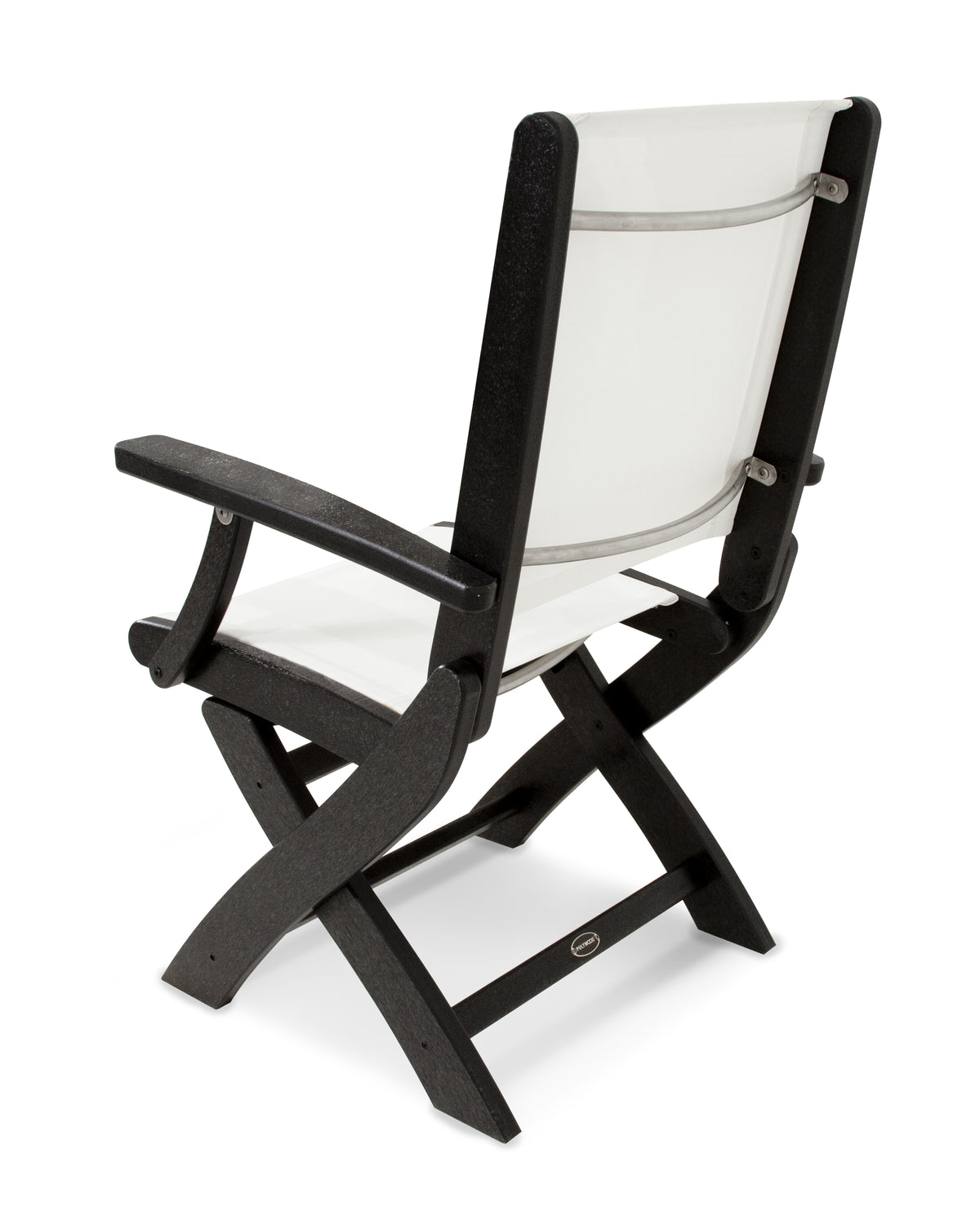 Rear angle view of the POLYWOOD Coastal Folding Chair in Black with a White sling