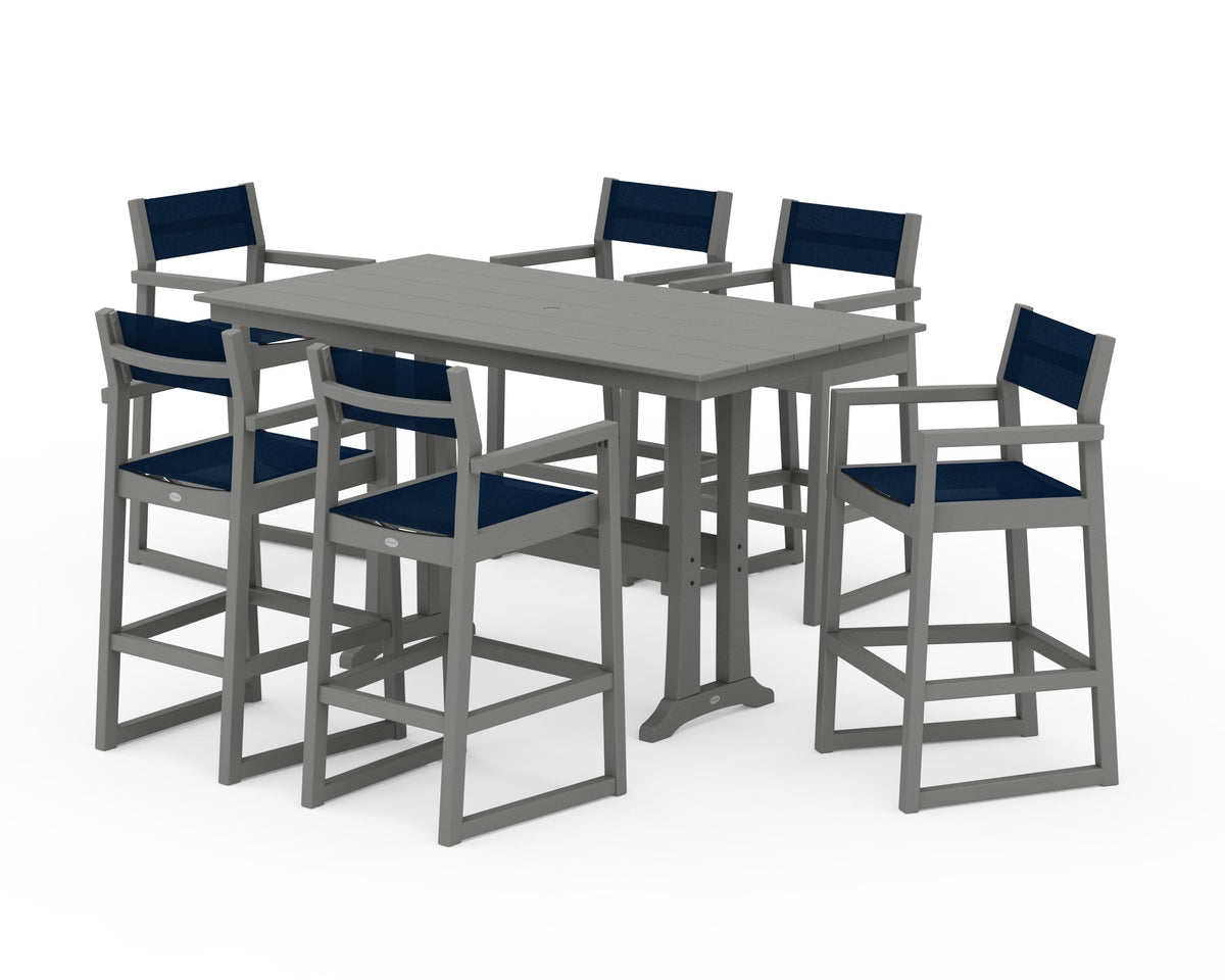 POLYWOOD EDGE Sling Arm Chair 7-Piece Farmhouse Bar Set with Trestle Legs in Slate Grey / Navy Blue