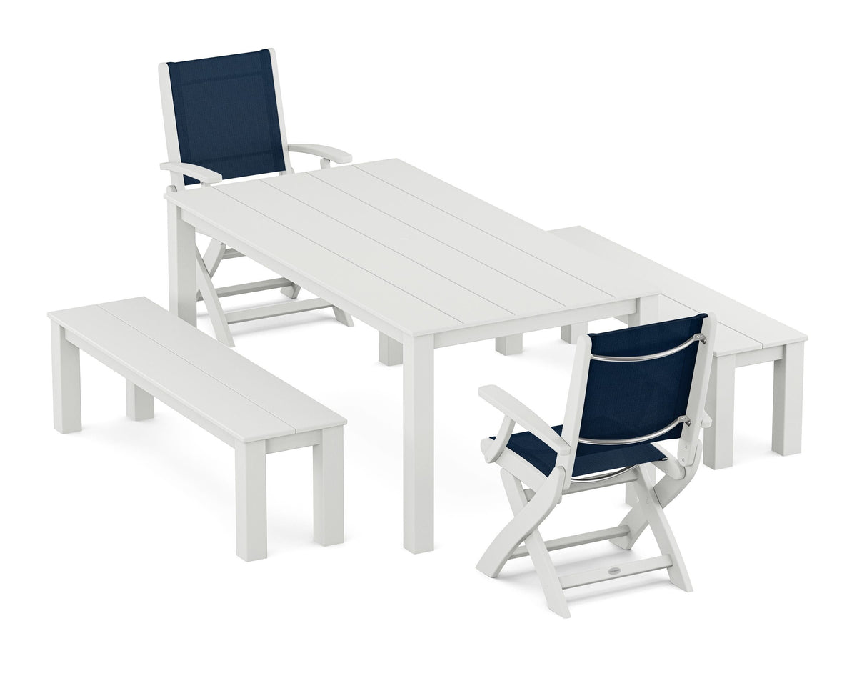 POLYWOOD Coastal Folding Chair 5-Piece Parsons Dining Set with Benches in White / Navy Blue